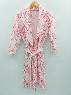 Body Touch Womens Size S/M Quilted Floral Print 3/4 Sleeve Short Robe in White